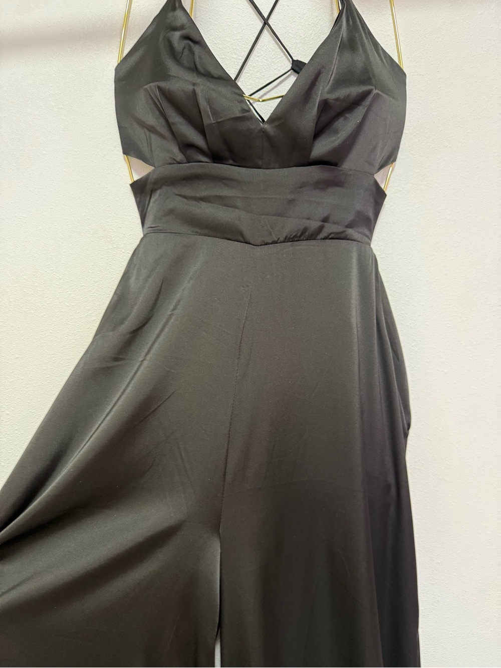 Satin V-Neck Black Jumpsuit Dress with Strappy Back